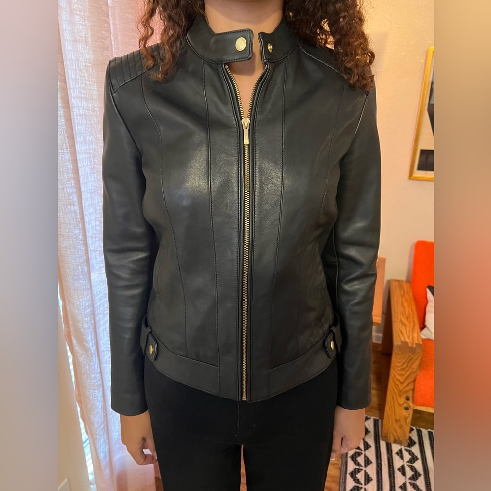 Cole Haan Leather Racer Jacket with Quilted Panels Size Small